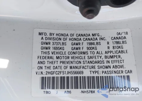 2018 Honda Civic Lx из США, поврежденный, VIN 2HGFC2F51JH556669